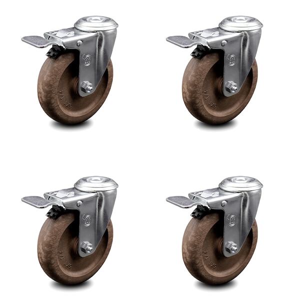 5 Inch High Temp Glass Filled Nylon Bolt Hole Caster Set with Total Lock Brake